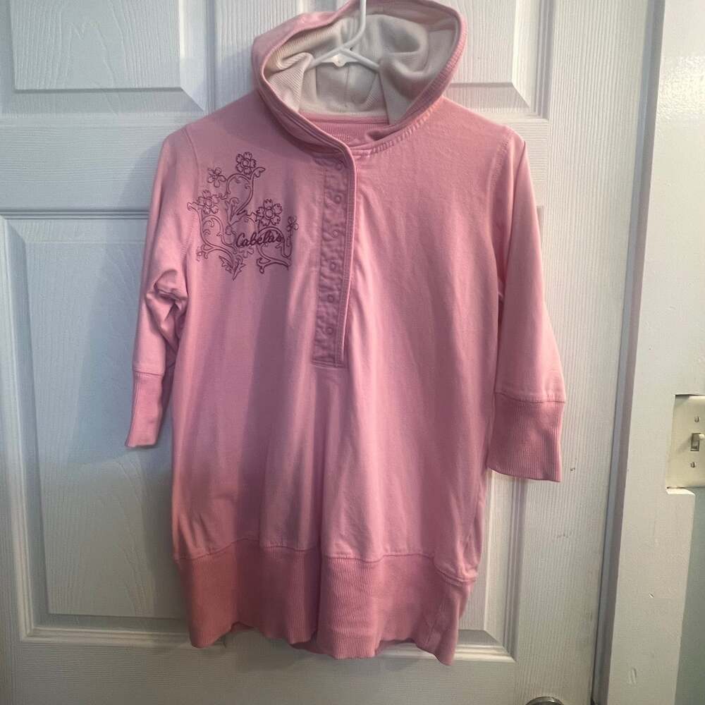 Cabela's Pink Floral Half Button Hooded Top 3/4 Sleeves Size XXL Fits XL